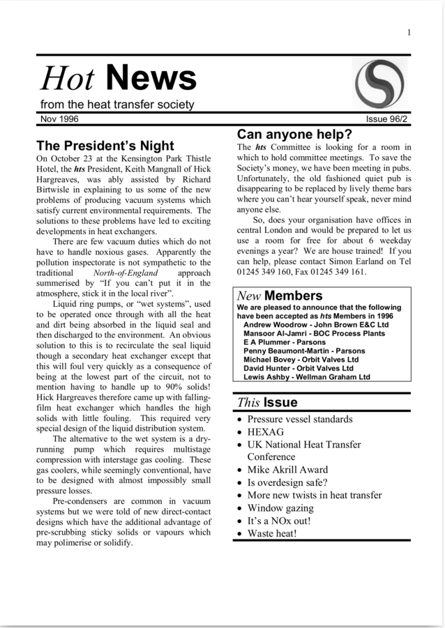 Nov 1996 Hot News - the hts newsletter